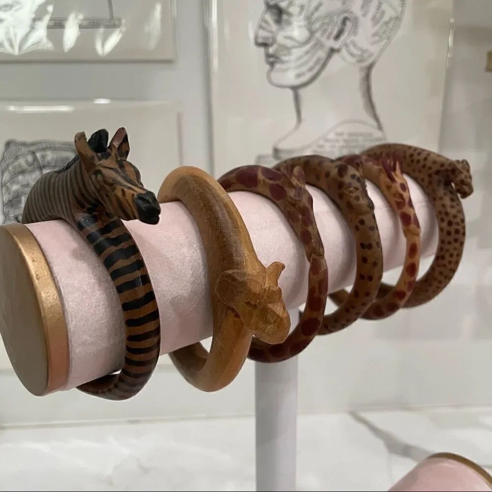 VINTAGE Hand Carved African Animals Oversized Wooden Bangle Set